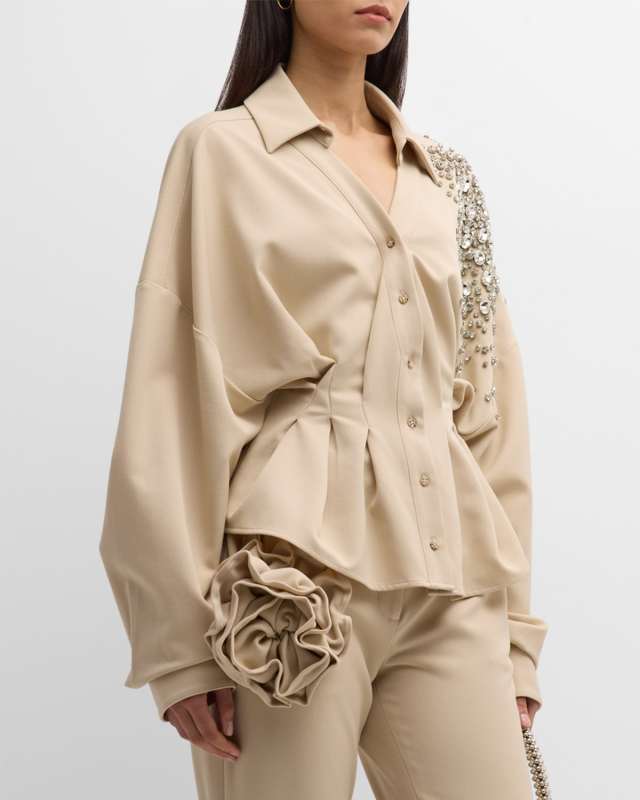 Harvey Crystal Gathered-Waist Collared Shirt